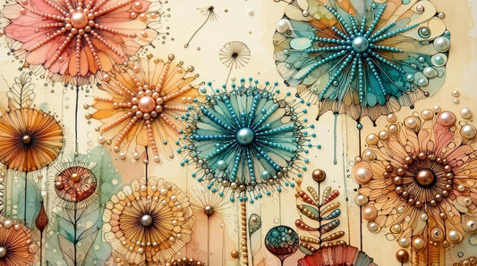 The image is a vibrant and intricate collage of various colorful flowers and plants, each adorned with numerous beads and pearls, creating a visually striking and detailed composition.