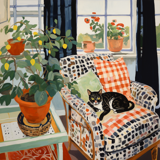 Black & White cat with a lemon tree