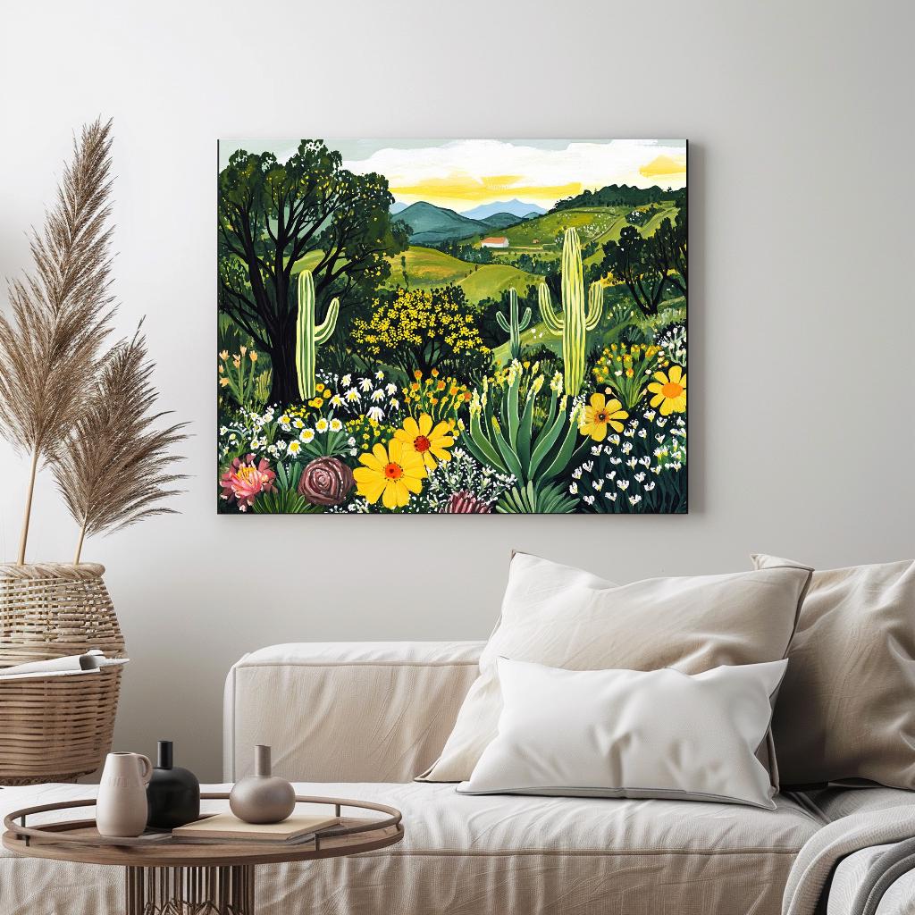 a living room with a couch and a painting on the wall