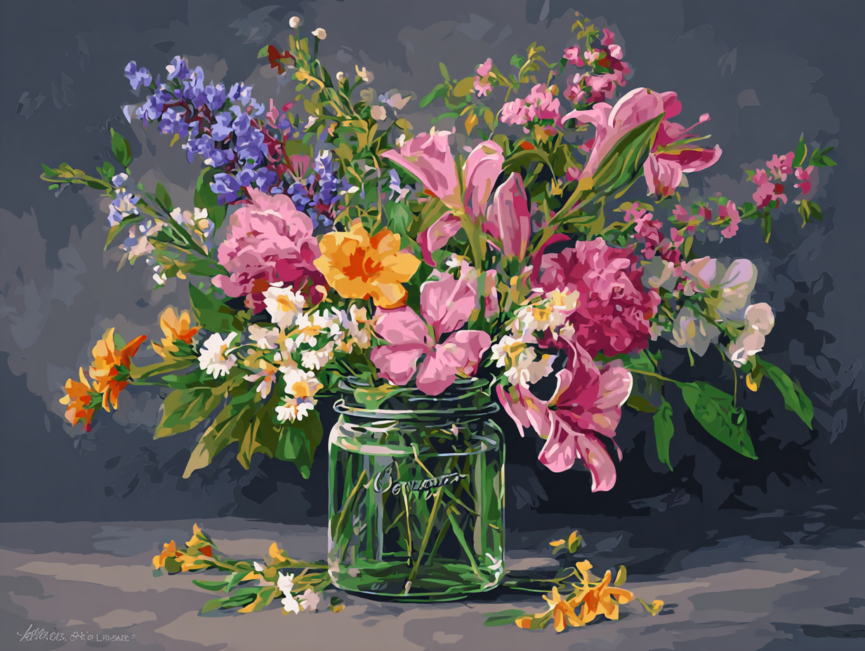 A vibrant bouquet of colorful flowers, including pink, orange, and purple blooms, is arranged in a clear glass jar on a dark surface.