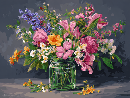A vibrant bouquet of colorful flowers, including pink, orange, and purple blooms, is arranged in a clear glass jar on a dark surface.