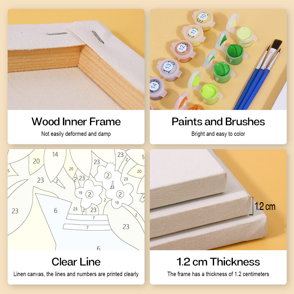 The image is a collage of four photos, each depicting different aspects of painting and art supplies. The first photo shows a wooden inner frame, the second photo displays paints and brushes, the third photo features a clear line canvas, and the fourth photo shows the dimensions of the frame.