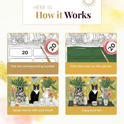 The image is a step-by-step guide on how to paint a picture of a cat using a brush and a canvas. It shows the process of picking the corresponding number, painting the color on the canvas, and applying the final artwork.