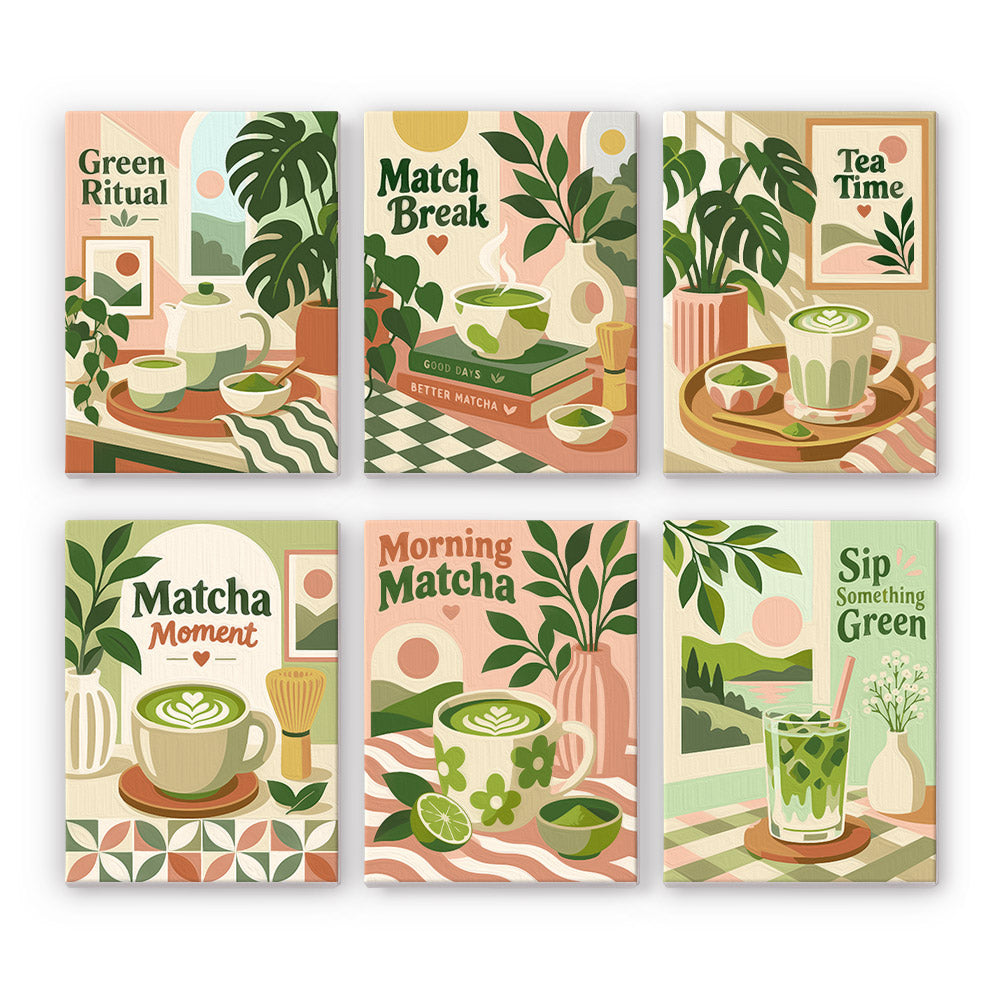 six colorful illustrations of matcha lattes and green teas, each with a unique design and arrangement of objects.
