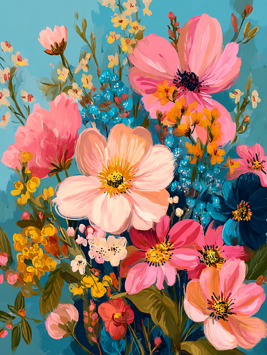 The image is a vibrant and colorful painting of a bouquet of flowers, featuring a variety of pink, orange, and yellow blooms.