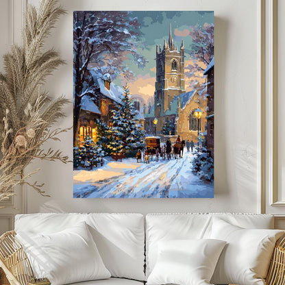 a snowy village scene with a church, a horse-drawn carriage, and people walking along the snow-covered street.