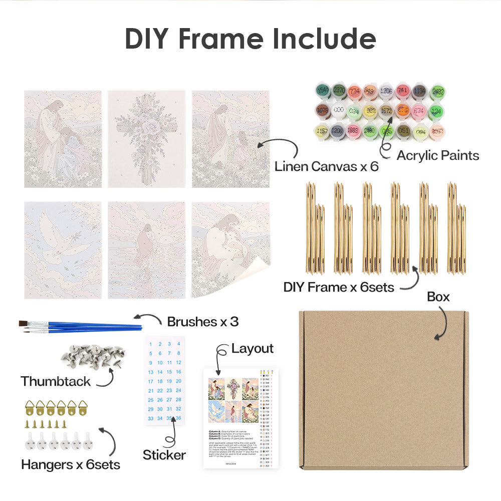 various DIY frame and art supplies, including a DIY frame kit, acrylic paints, brushes, a box, and a sticker.