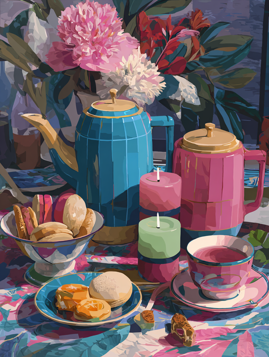 A vibrant still life painting featuring a teapot, teacup, pastries, and a vase of pink and white flowers on a table with a colorful tablecloth.