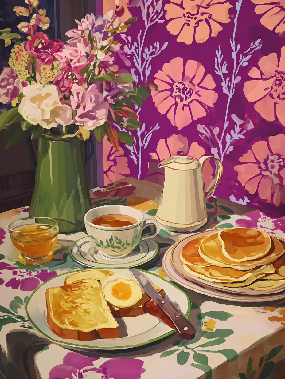 A vibrant and colorful still life painting depicting a breakfast scene with a vase of flowers, a teapot, a plate of pancakes, a cup of tea, and a plate of toast.