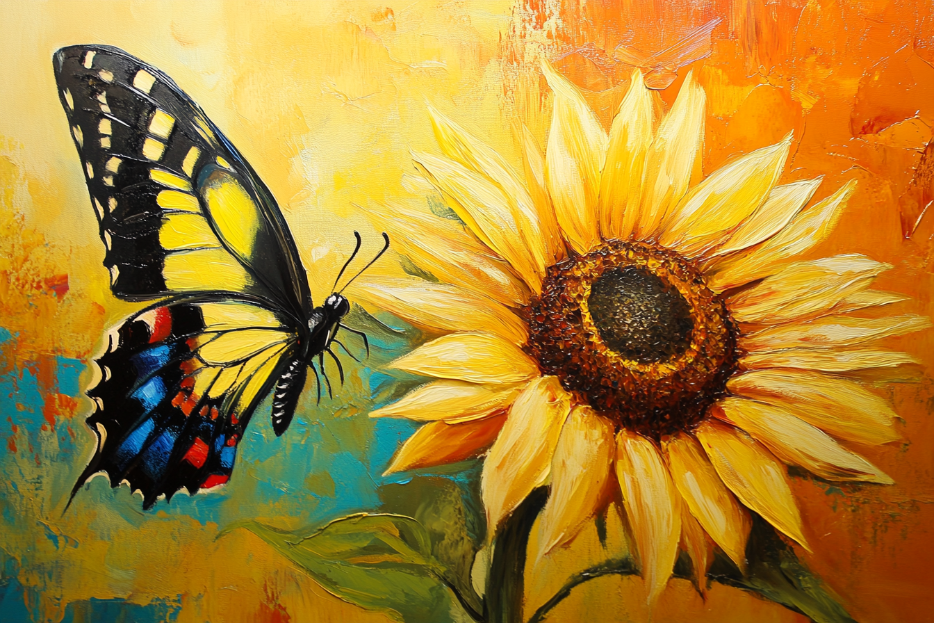 A vibrant painting depicting a colorful butterfly and a large sunflower against a warm, textured background.