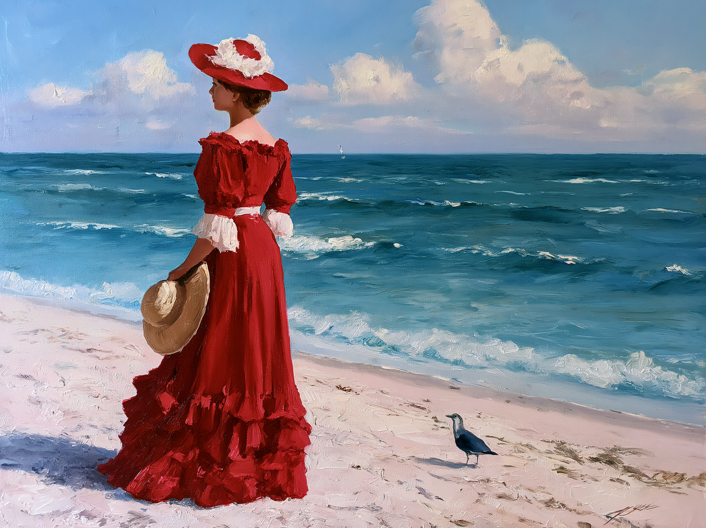 A woman in a red dress stands on a beach, gazing out at the ocean, with a bird nearby.