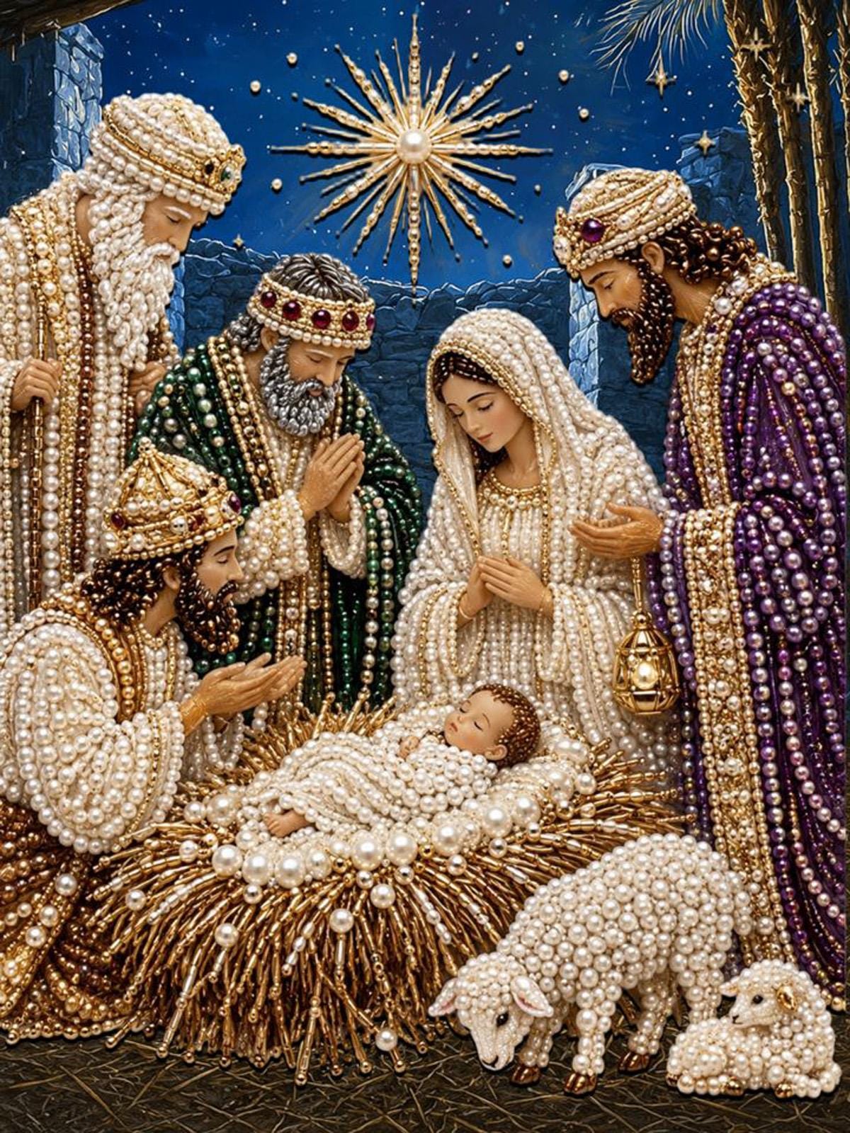 A detailed and intricate nativity scene depicting the baby Jesus surrounded by the wise men, with the wise men wearing robes and crowns made of pearls and jewels. The scene is set against a starry night sky, with a golden sun shining brightly in the background.