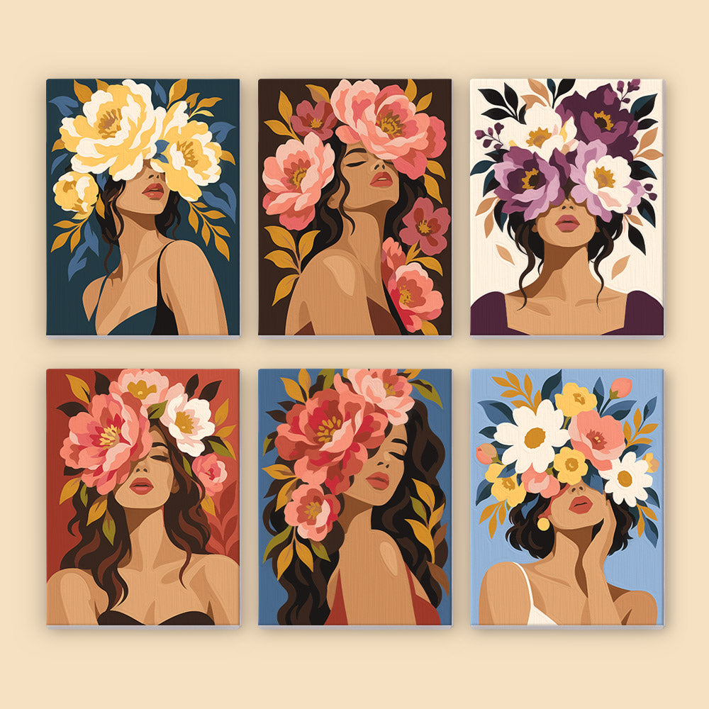 six square illustrations of women with flowers in their hair, each with a unique floral design and color scheme.