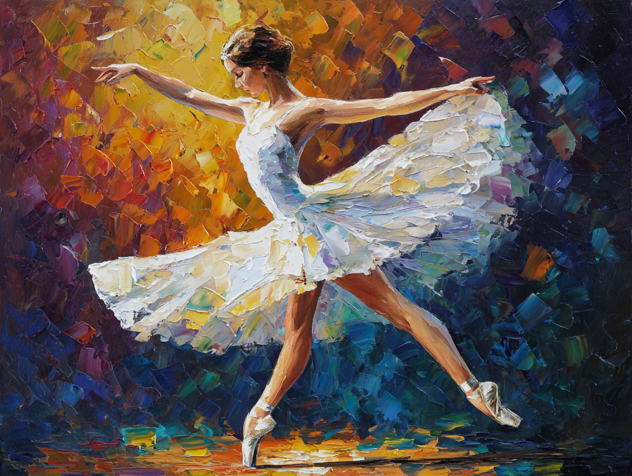 A woman in a white tutu is captured in a dynamic pose, with her arms outstretched and her legs apart, against a vibrant background of warm colors.