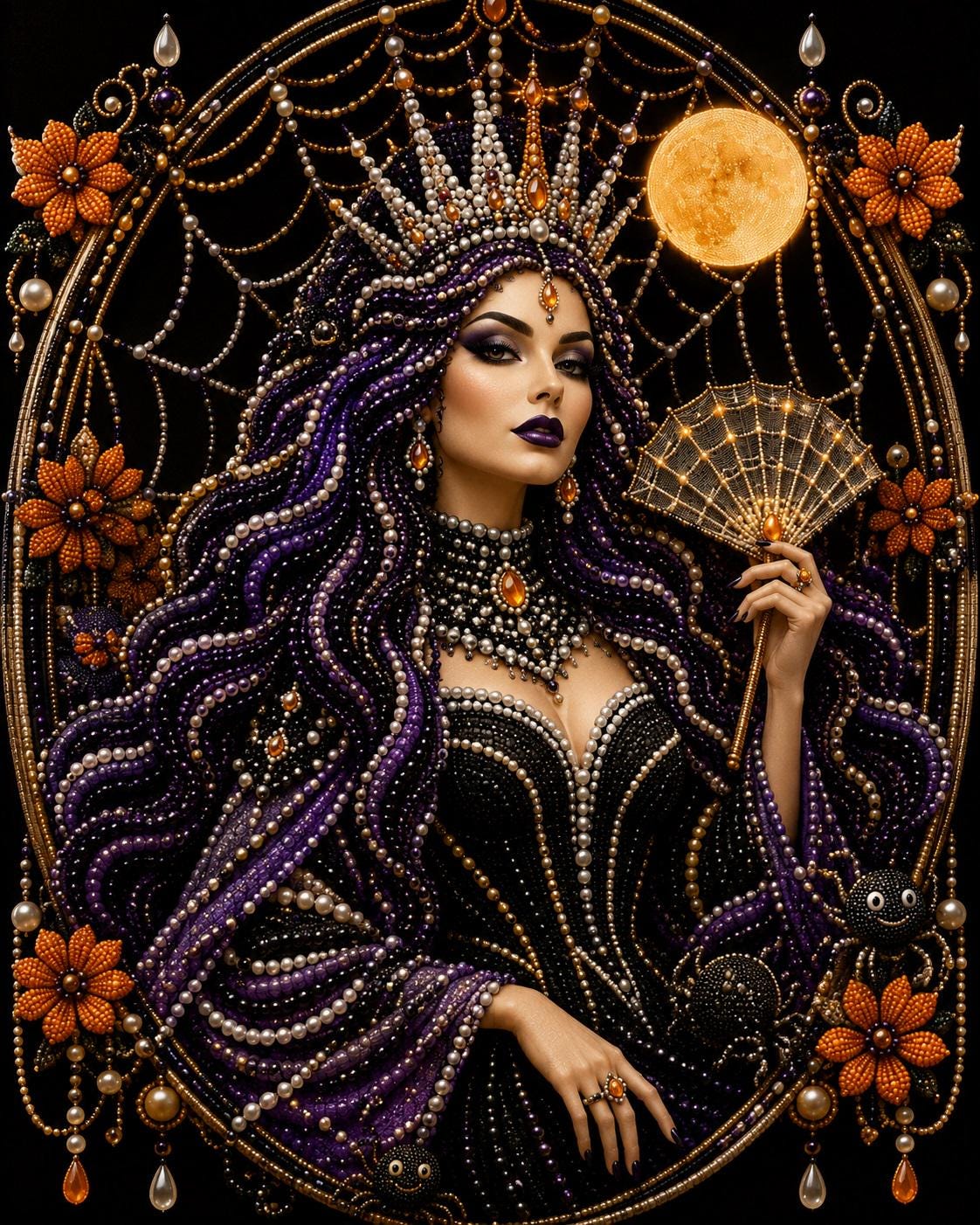 The image is a highly detailed and ornate portrait of a woman with long, purple hair and a crown, wearing an elaborate black dress and jewelry. She is holding a fan and surrounded by a web of pearls and gold accents, creating a striking and visually striking composition.