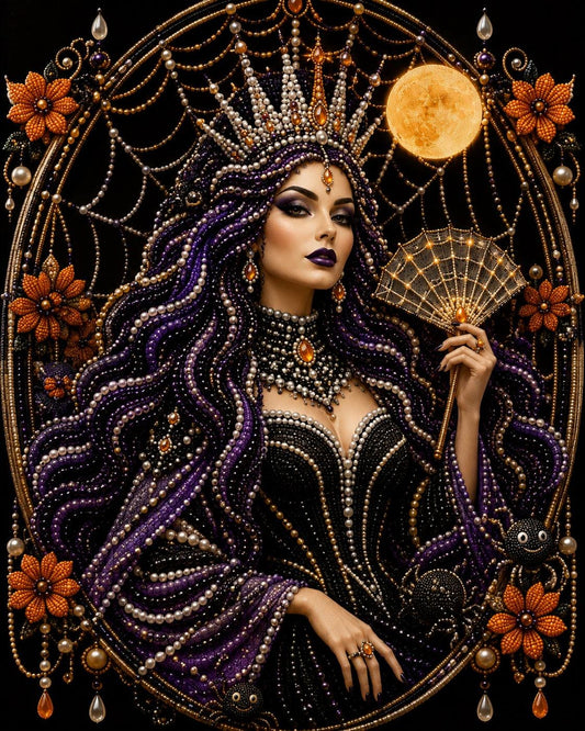 The image is a highly detailed and ornate portrait of a woman with long, purple hair and a crown, wearing an elaborate black dress and jewelry. She is holding a fan and surrounded by a web of pearls and gold accents, creating a striking and visually striking composition.