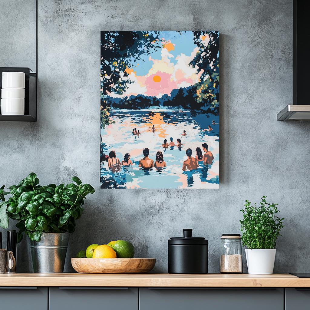 a painting of people swimming in a lake