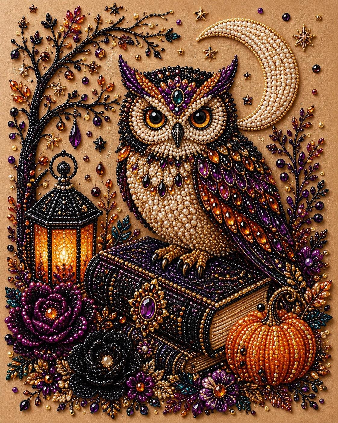 The image is a detailed embroidered piece featuring an owl sitting on a book, surrounded by various autumn-themed elements such as a lantern, a pumpkin, and flowers.