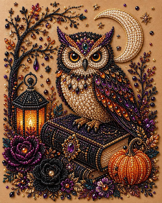 The image is a detailed embroidered piece featuring an owl sitting on a book, surrounded by various autumn-themed elements such as a lantern, a pumpkin, and flowers.