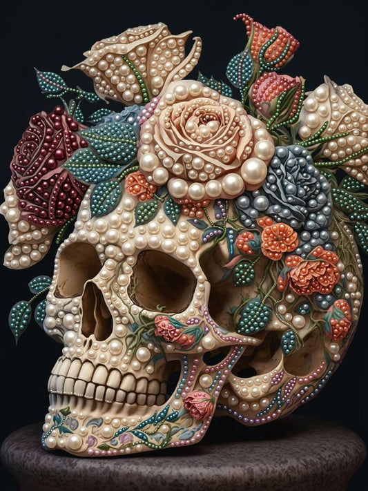 A highly detailed and intricately decorated skull, adorned with an array of colorful flowers, leaves, and pearls.