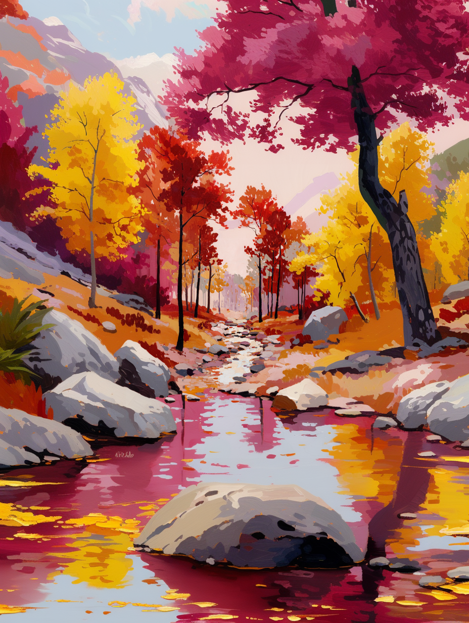 The image is a vibrant and colorful painting depicting a serene landscape with a stream flowing through a forest of trees in autumn colors, including yellow, red, and orange.