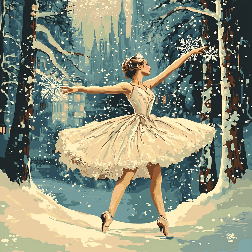 A ballerina in a white tutu is dancing gracefully in a snowy forest, surrounded by snowflakes falling around her.