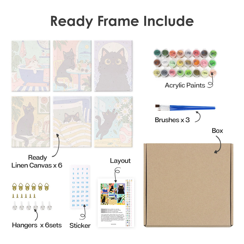 various items related to a painting kit, including a ready frame, acrylic paints, brushes, a box, and a layout.