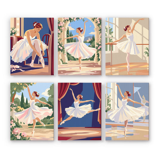 The image is a collage of six pictures depicting a ballerina in various poses and settings, including a ballerina in a tutu, a ballerina in a tutu and holding a prop, a ballerina in a tutu and performing a dance move, a ballerina in a tutu and dancing in front of a window, a ballerina in a tutu and dancing in a garden, and a ballerina in a tutu and dancing on a stage.