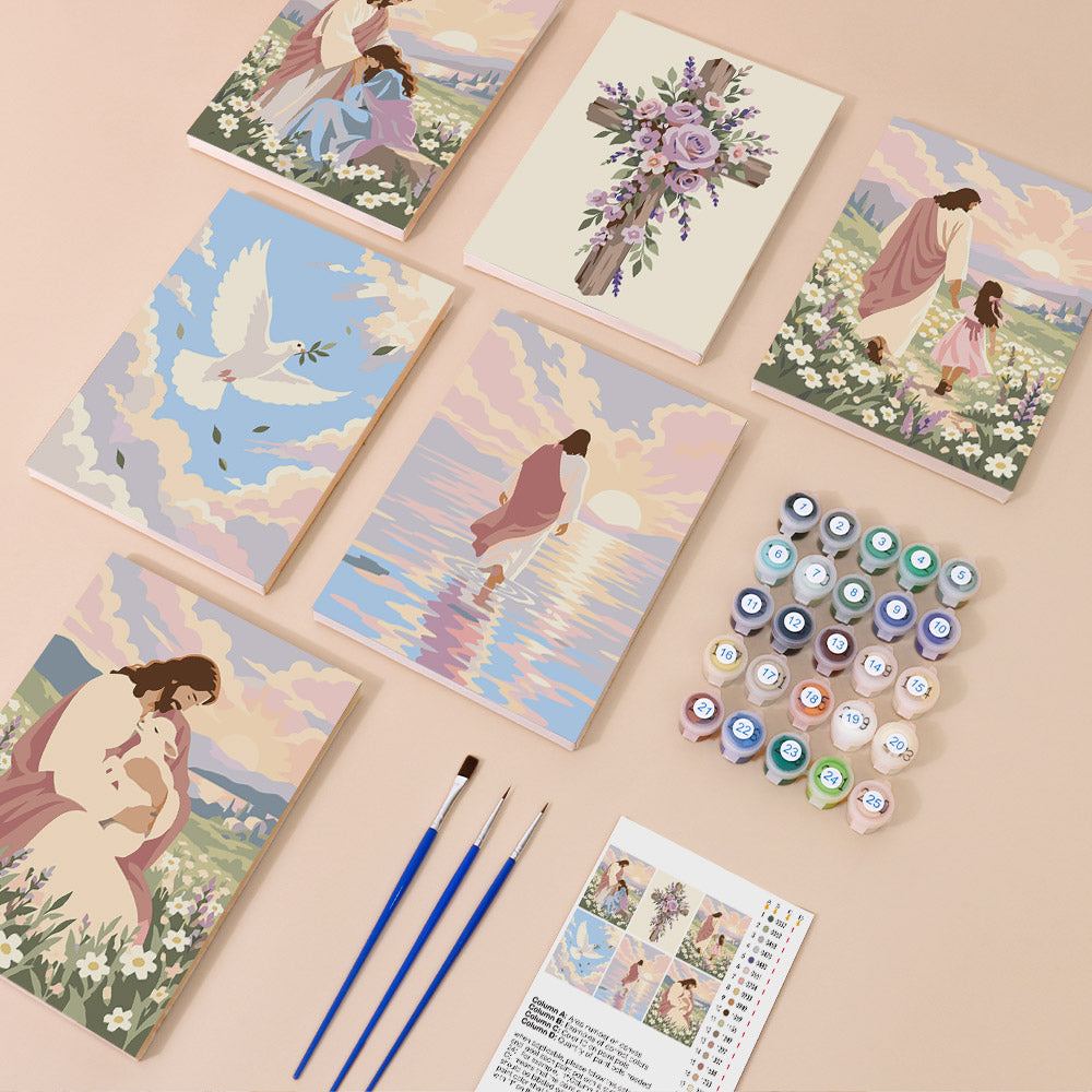 a collection of seven paintings, each depicting a different scene, arranged on a light pink background. There are also various art supplies, including paintbrushes and paint tubes, as well as a guidebook or instruction manual for the paintings.