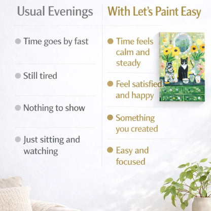 The image is a living room with a couch, a potted plant, and a painting of a cat on a dresser. The painting is titled "With Let's Paint Easy" and is described as a "Painting of a cat on a dresser".