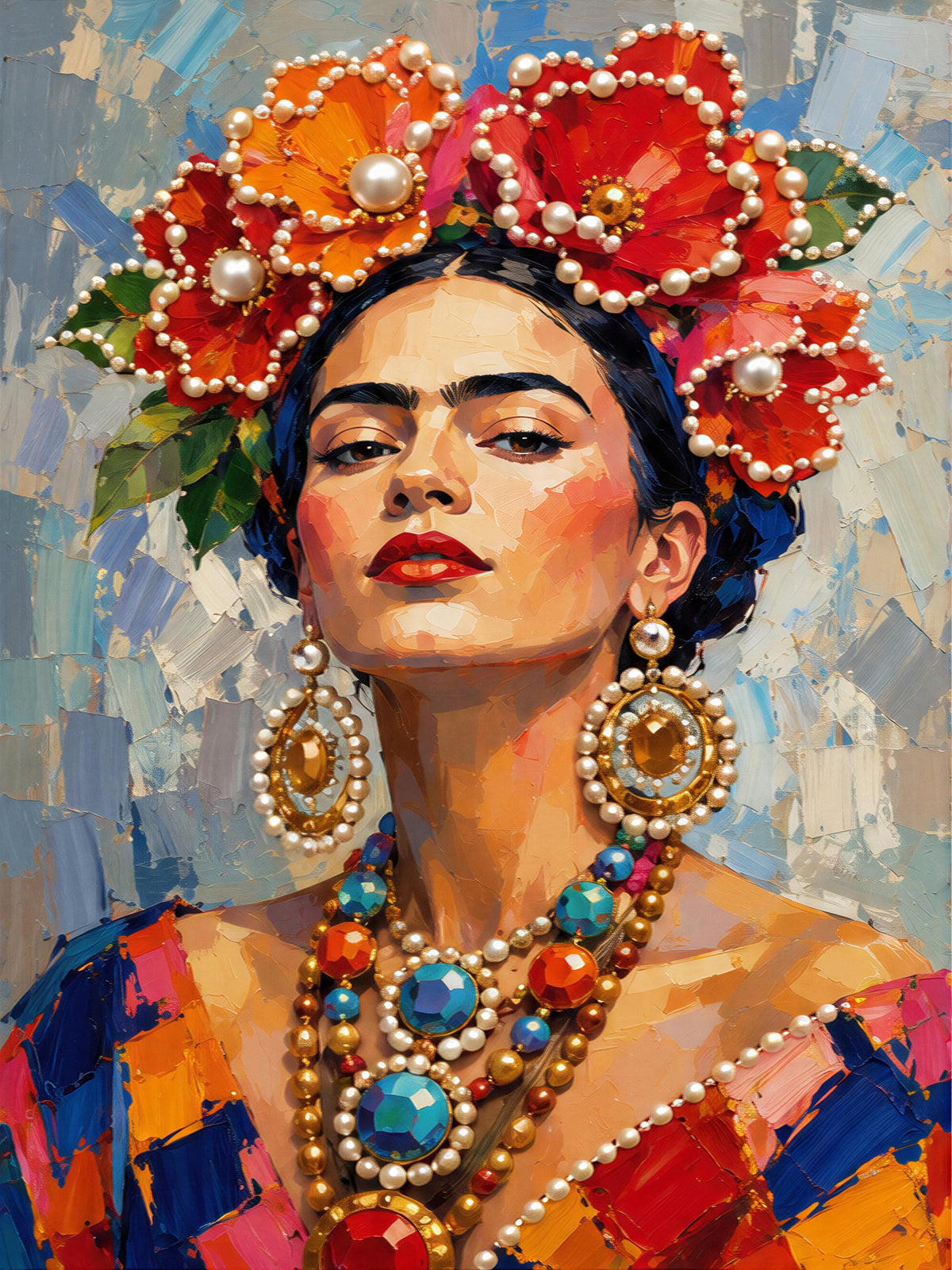 A colorful portrait of a woman wearing an elaborate headdress with flowers and jewelry, including a necklace with blue, red, and gold beads.