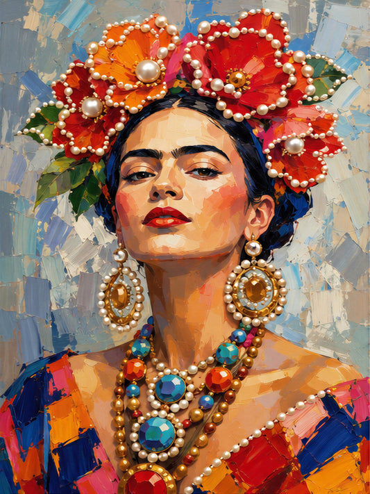 A colorful portrait of a woman wearing an elaborate headdress with flowers and jewelry, including a necklace with blue, red, and gold beads.