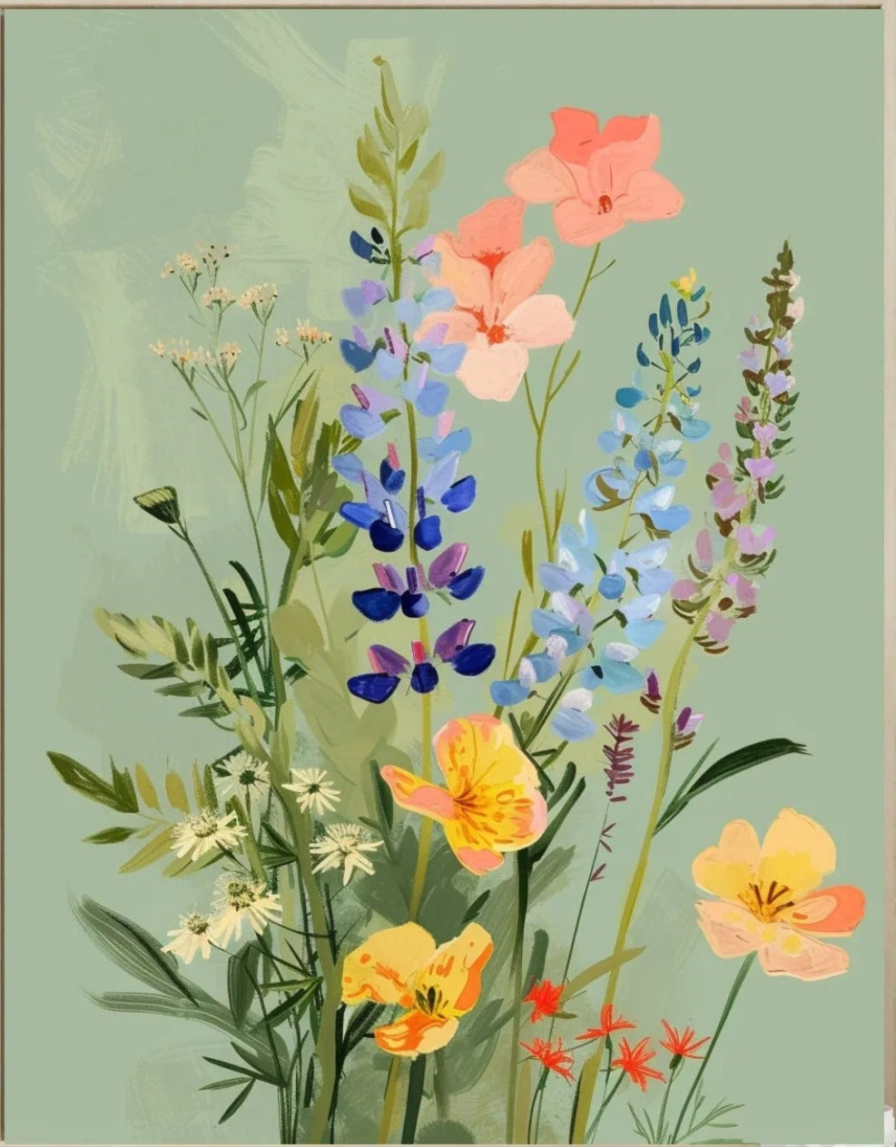 The image is a vibrant and colorful illustration of various flowers and plants, including pink, orange, yellow, blue, and purple blooms, set against a green background.