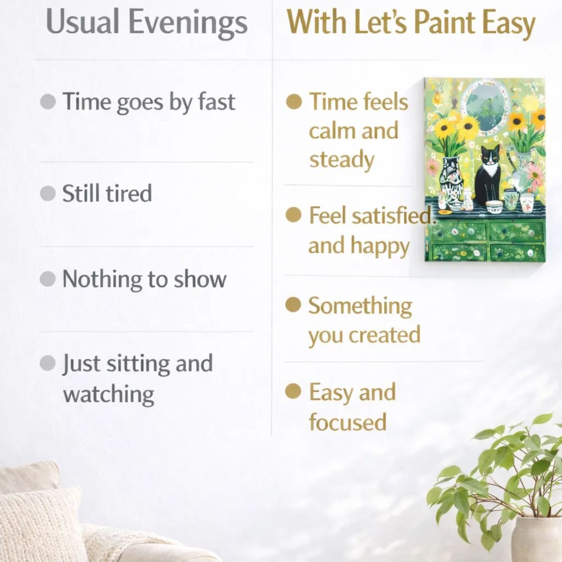 The image is a living room with a couch, a potted plant, and a painting of a cat on a dresser. The painting is titled "With Let's Paint Easy" and is described as a "Painting of a cat on a dresser".