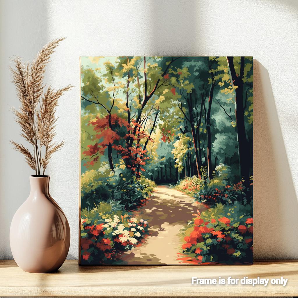 a painting of a path through a forest