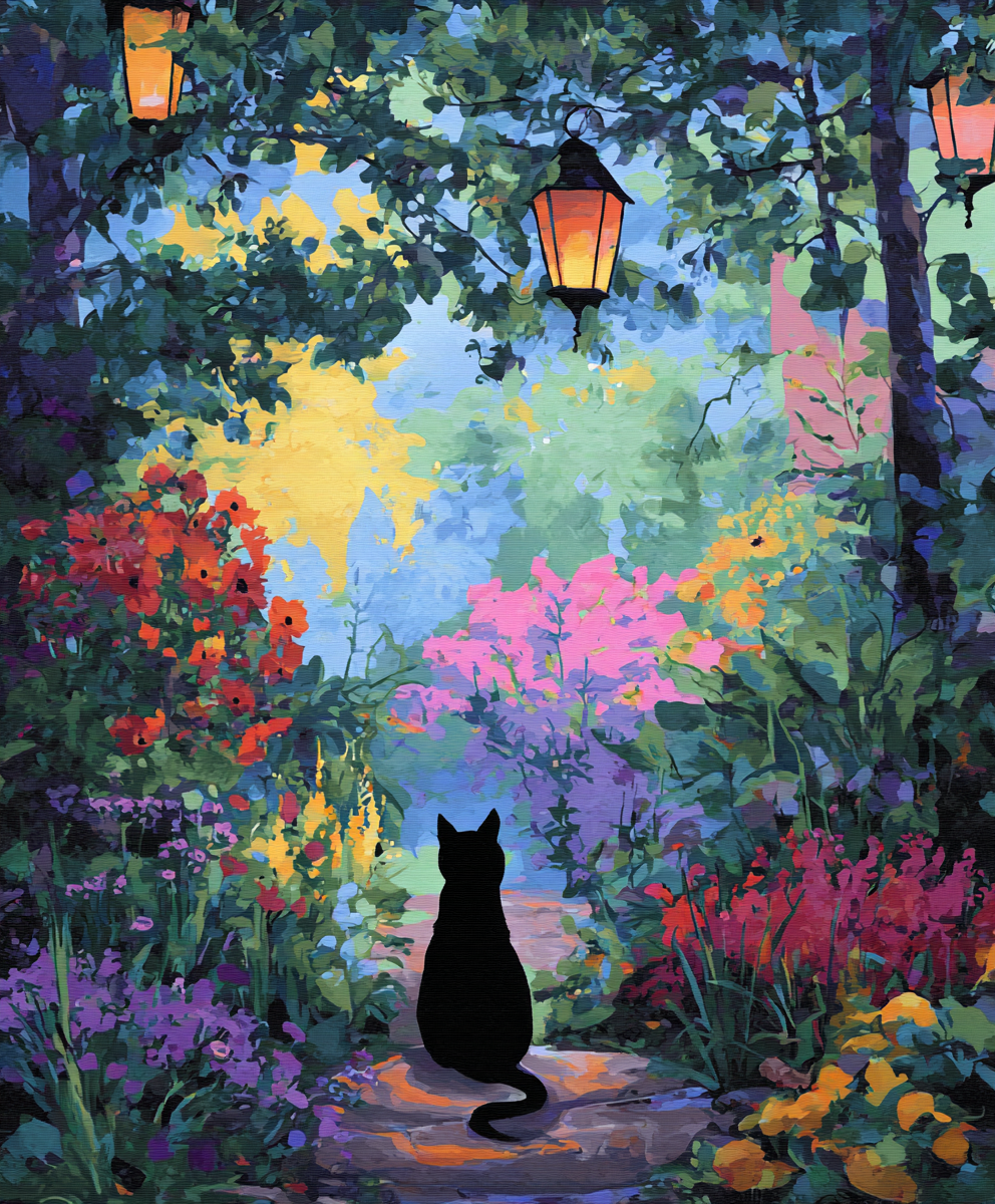 A black cat sits on a stone path in a colorful garden, surrounded by vibrant flowers and lush foliage.
