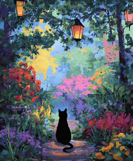 A black cat sits on a stone path in a colorful garden, surrounded by vibrant flowers and lush foliage.
