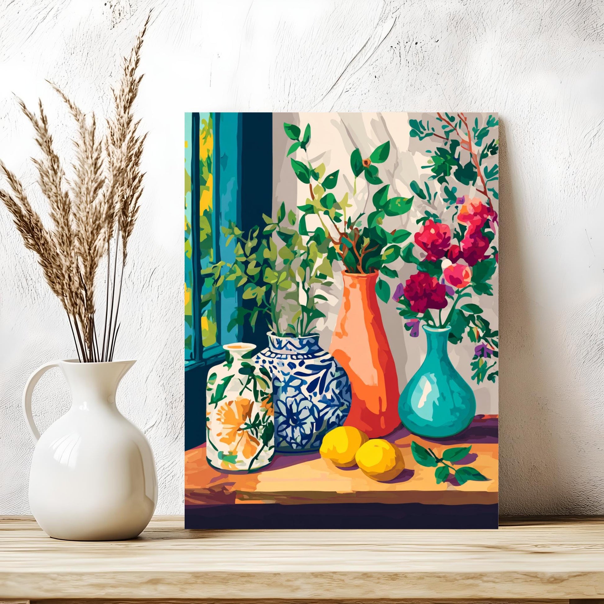 a vibrant still life painting of a table with various vases and flowers, including a white vase with dried flowers, a blue and white vase with a floral design, and a green vase with red flowers. There are also two lemons and a potted plant on the table.