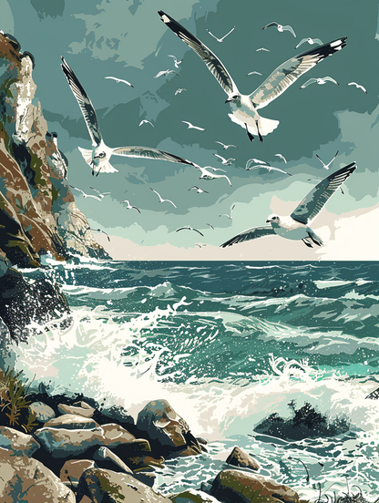 A serene coastal scene with a rocky shoreline, crashing waves, and a flock of seagulls soaring in the sky.