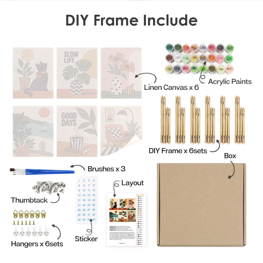 various DIY frame and art supplies, including a "Slow Life" poster, a "Good Days" poster, a "Linen Canvas x 6" set, an "Acrylic Paints" set, a "DIY Frame x 6 Sets" box, brushes, a "Thumbprint" and "Hangers x 6 Sets" box, and a "Sticker" box.