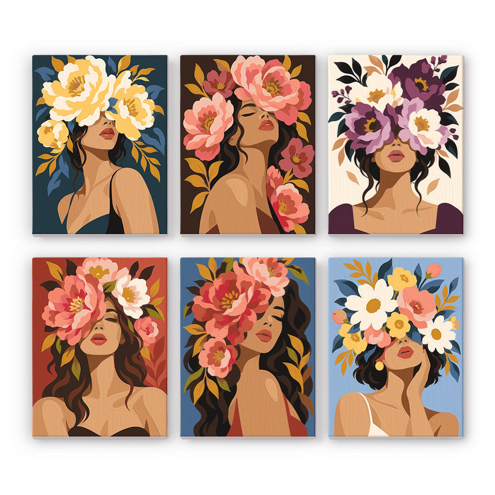 six different illustrations of women with flowers in their hair, each with a unique style and color scheme.