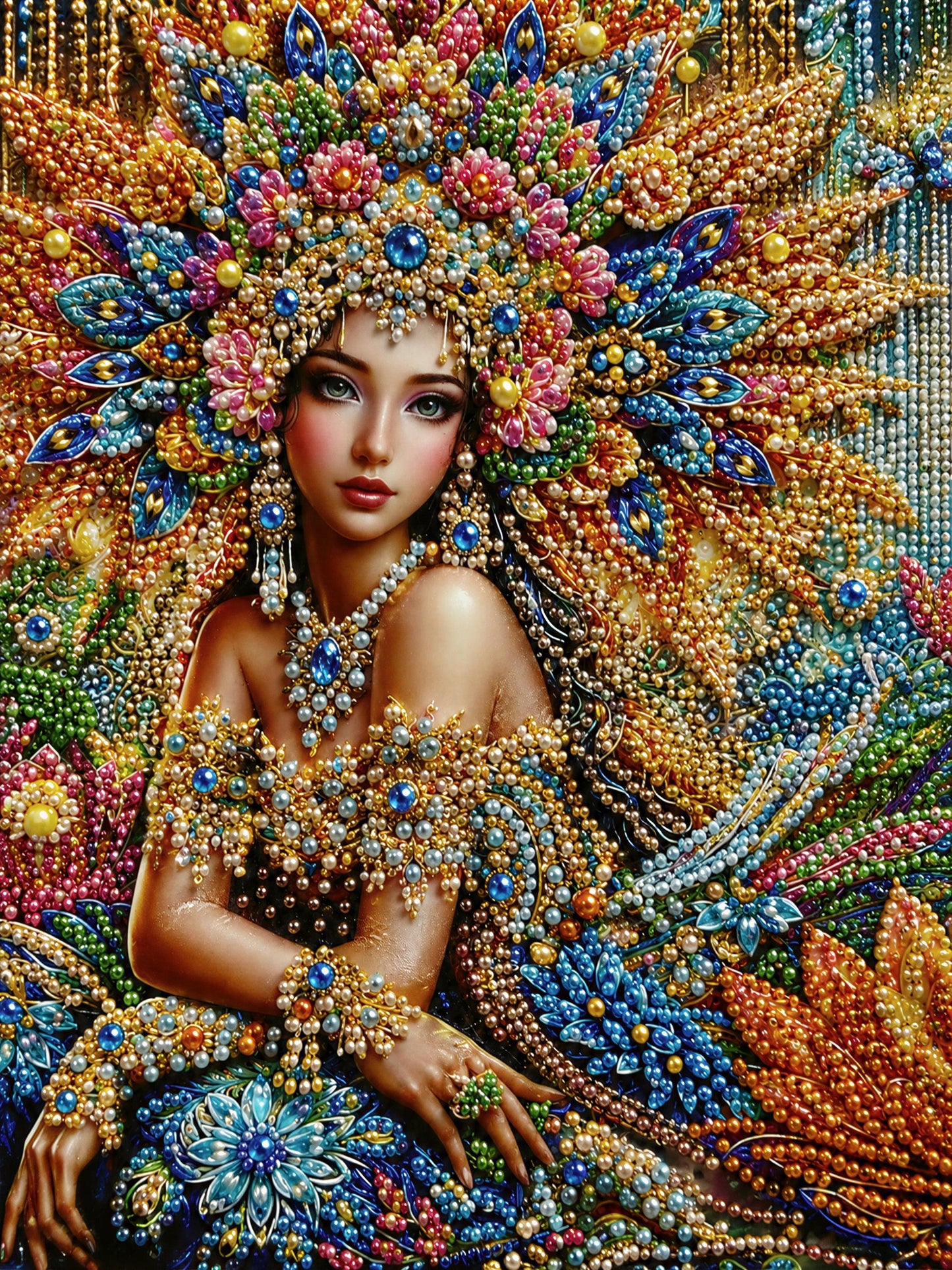 A woman wearing an elaborate, colorful headdress and jewelry, surrounded by a vibrant array of flowers, beads, and other decorative elements.