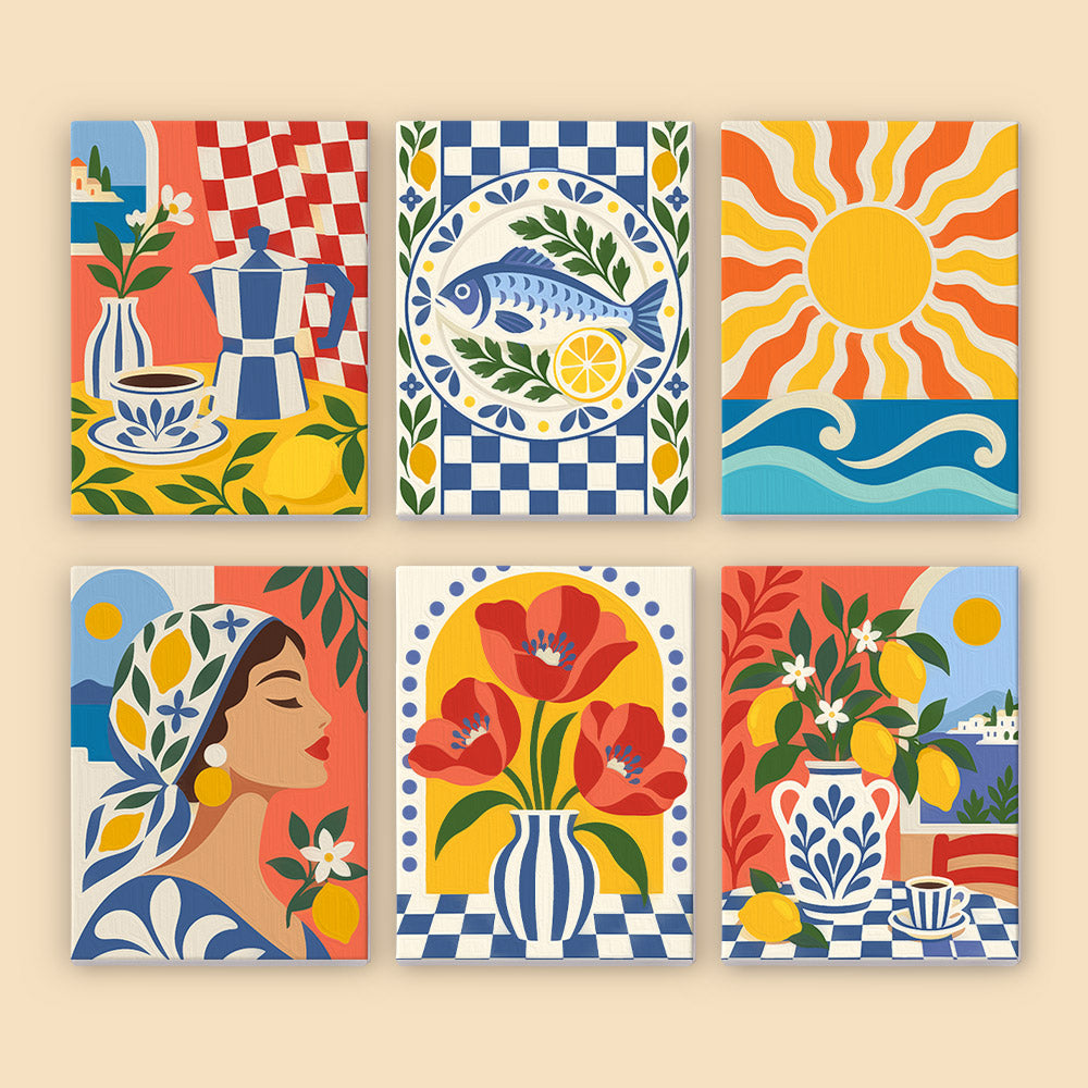 six colorful and stylized paintings or illustrations, each featuring different elements such as flowers, geometric patterns, and sun-like motifs.