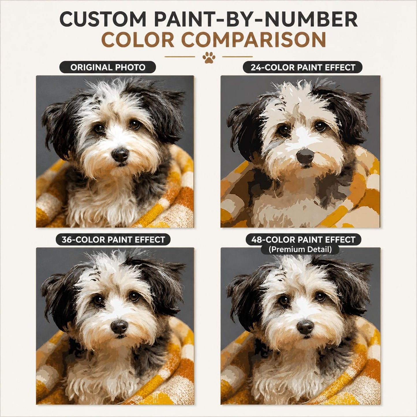 The image is a collage of four images depicting a dog in different color paint effects. The first image is the original photo, the second image is a 24-color paint effect, the third image is a 48-color paint effect, and the fourth image is a 36-color paint effect.