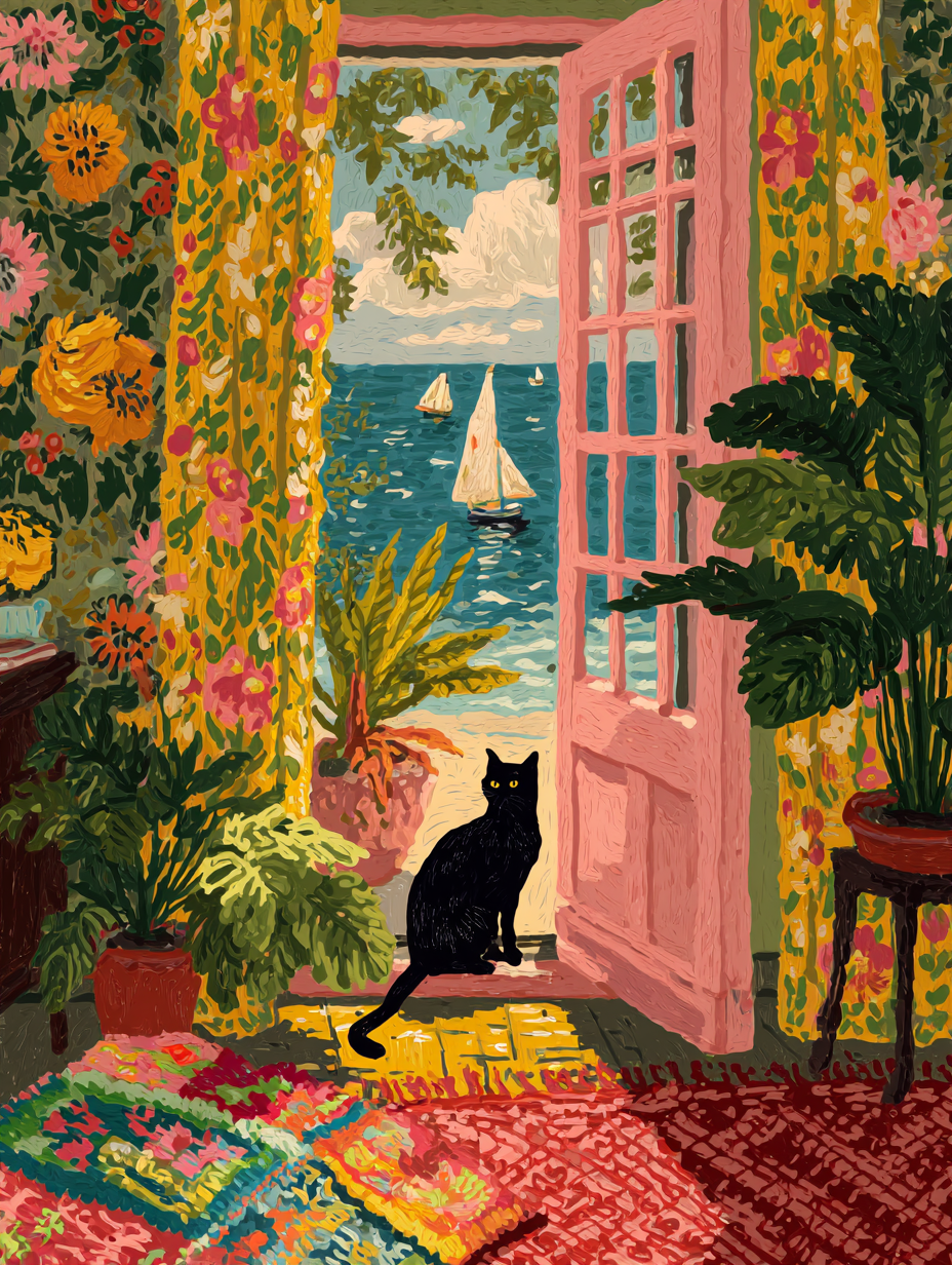 A black cat sits on a colorful rug, gazing out a window at a serene ocean view with sailboats on the water.