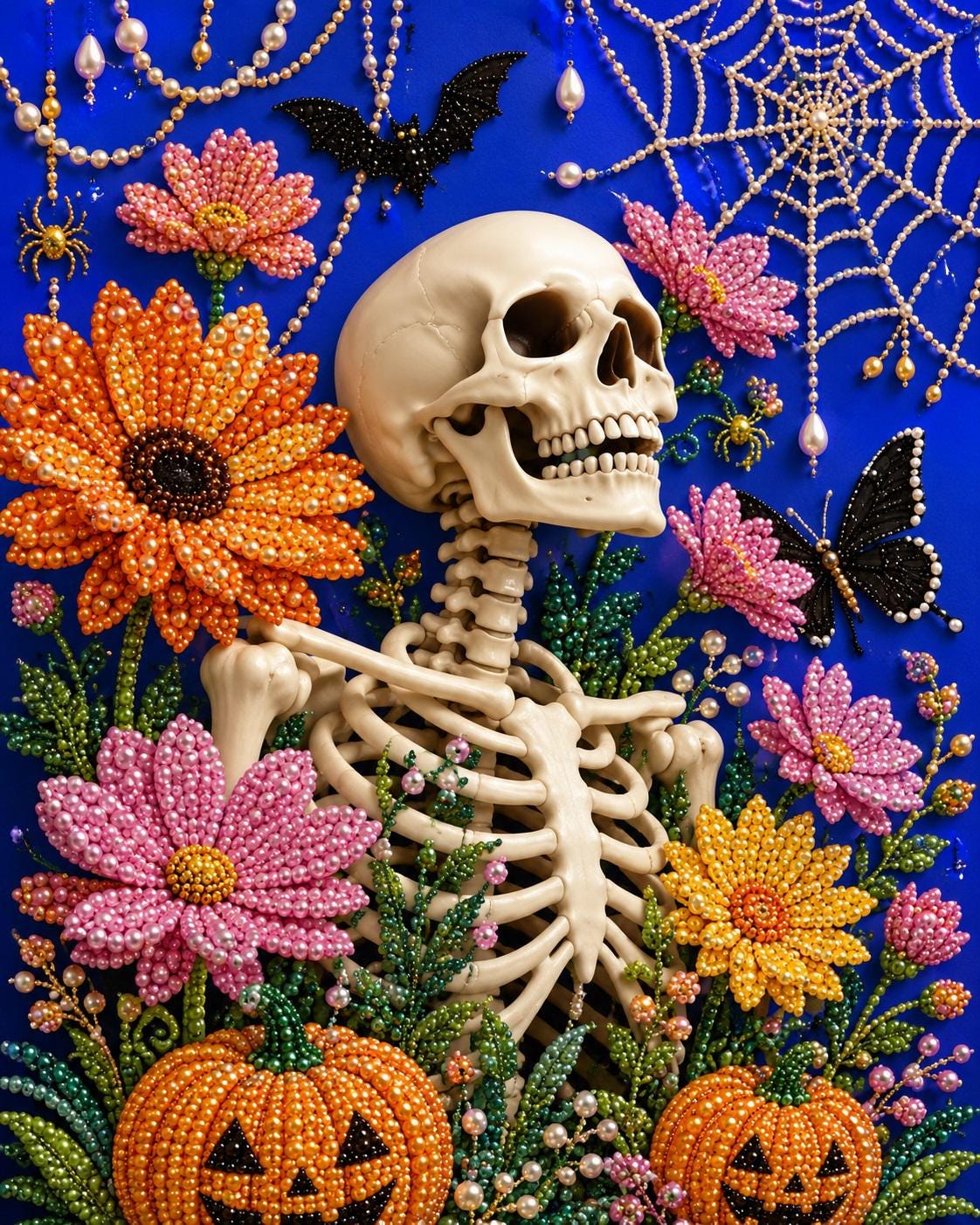 A skeleton is surrounded by a vibrant display of flowers, including sunflowers, pumpkins, and other seasonal blooms, against a deep blue background with a spider web.