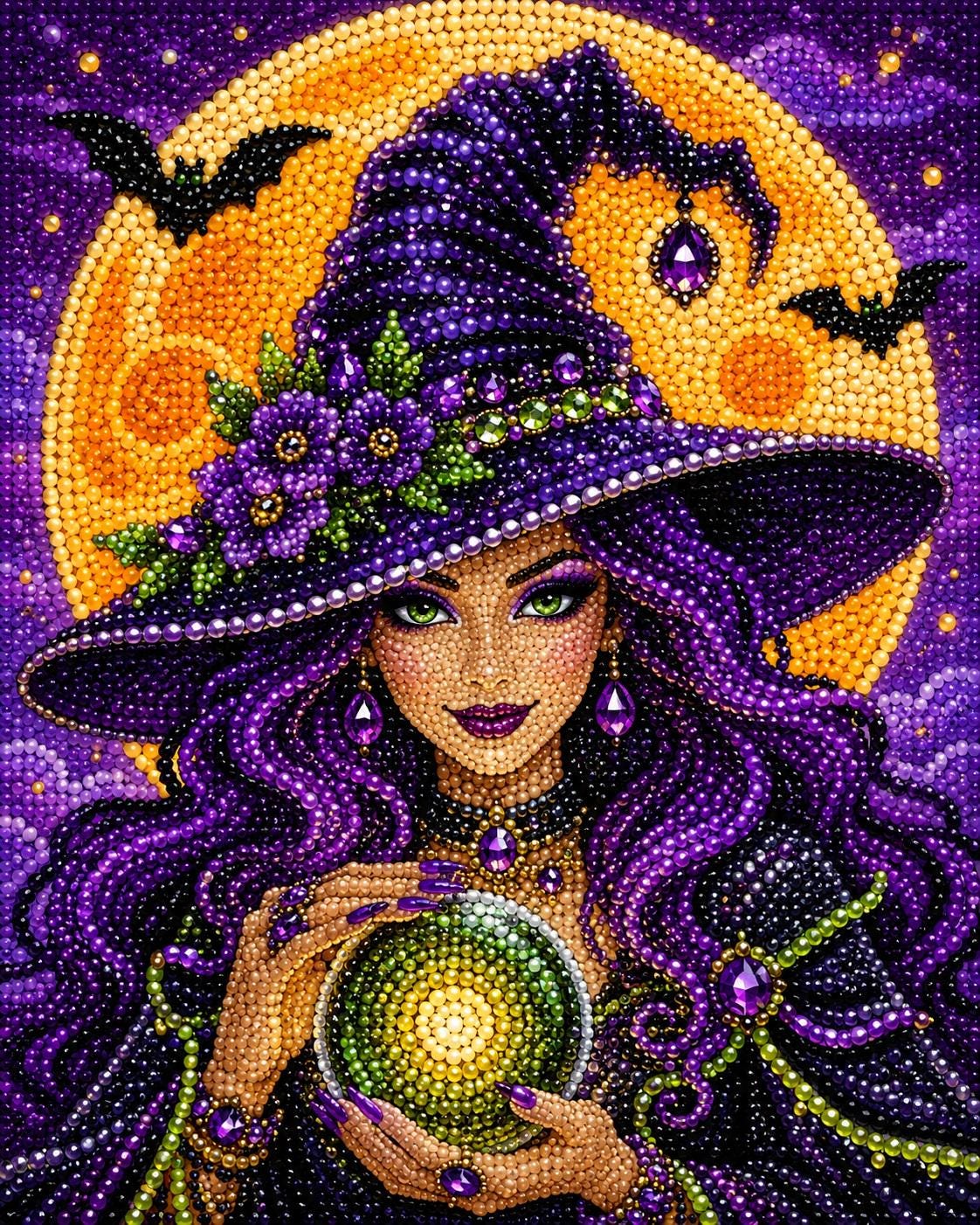 The image is a detailed and intricate mosaic-style illustration featuring a woman with long, flowing purple hair and a purple witch's hat. She is holding a green crystal ball and is surrounded by a full moon, bats, and flowers. The overall color scheme is predominantly purple, with accents of green and yellow.