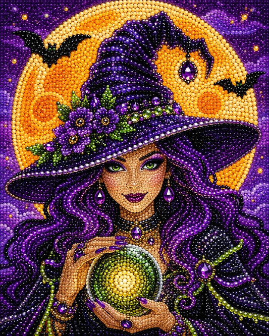 The image is a detailed and intricate mosaic-style illustration featuring a woman with long, flowing purple hair and a purple witch's hat. She is holding a green crystal ball and is surrounded by a full moon, bats, and flowers. The overall color scheme is predominantly purple, with accents of green and yellow.