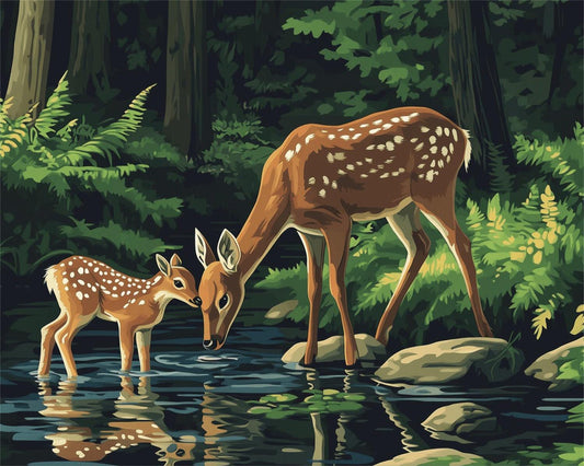 A mother deer and her fawn are drinking from a stream in a lush, green forest.