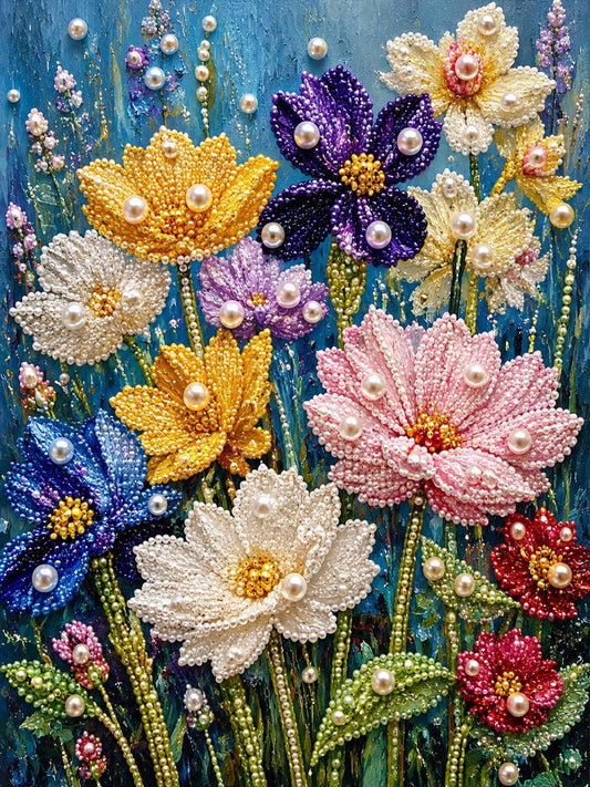 a painting of a bunch of flowers on a blue background